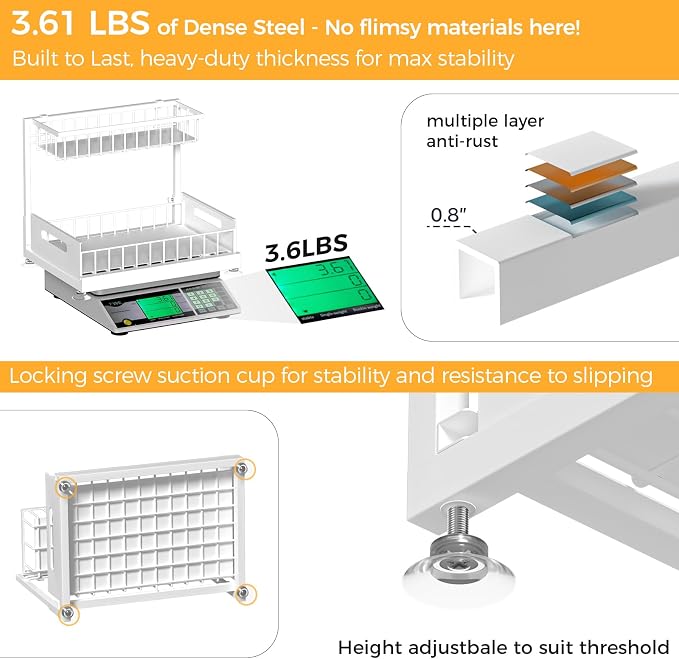 Saydear L-Shaped Under Sink Organizer, 2-Tier Pull-out Cabinet Rack 1-Pack | White Height-Adjustable Steel Rack, Sliding Grid Drawers with PP Liners, Holds 100 Lbs, Suction Base, Ideal Kitchen Storage