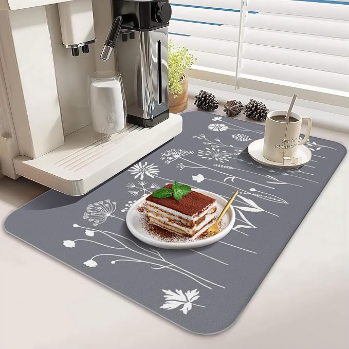 Dish Drying Mat 2-Pack with Wildflowers for Kitchen Counter Dishes | Diatom Mud Mats (18x24, 19.5x12"). Non-slip rubber back for kitchen counter, coffee bar & sink scenes