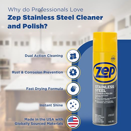 Zep Stainless Steel Cleaner & Polish 14 oz (2 Units) & a Microfiber Rag ECBD029-2-Pack Fingerprint Remover and Polish for Stainless Steel Refrigerators, Dishwashers, & Appliances with a Reusable Rag