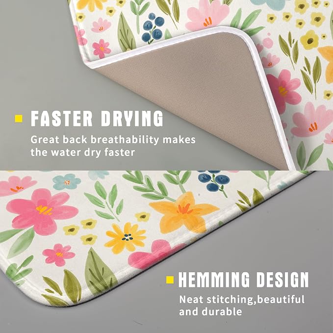 Spring Easter Floral Dish Drying Mat for Kitchen Counter 16x18 Green Pink Yellow Blue Cute Flower Print Absorbent Reversible Microfiber Drying Mats Kitchen Countertop Protector Dishes Drainer Pad