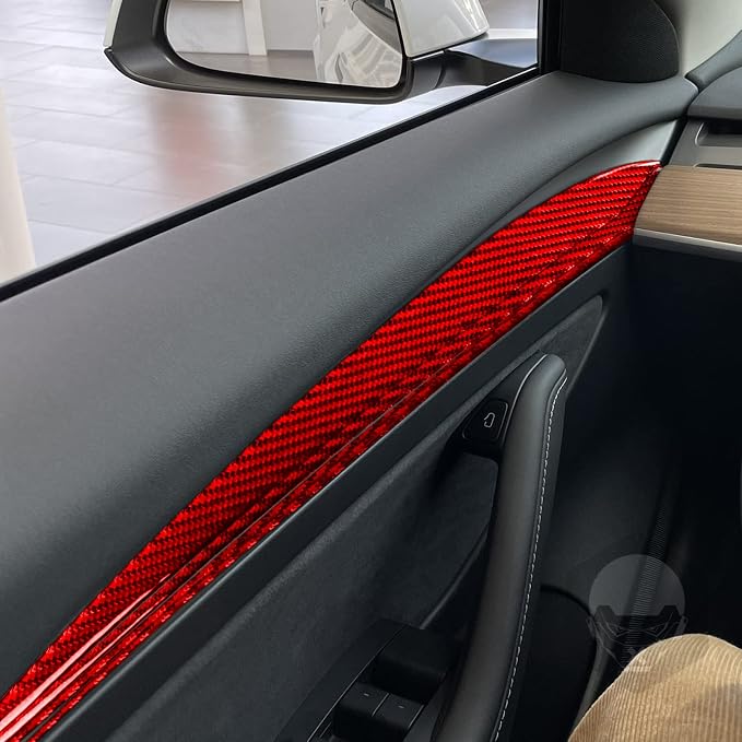 Red Real Carbon Fiber Trim for Tesla Accessories | for Model 3 2017-2022 / Model Y 2020-2024 Inner Door Side Panel Sticker Interior Thick Overlay Decal