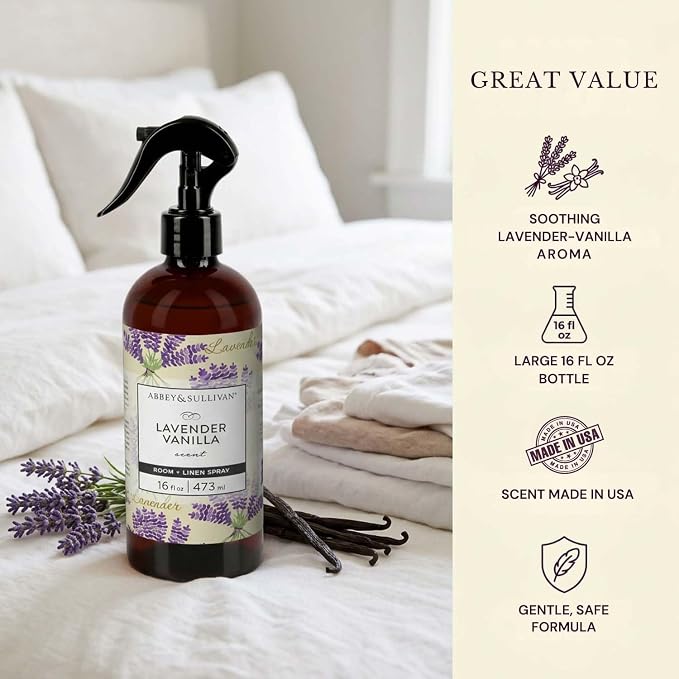 Abbey & Sullivan Linen Spray, Lavender Vanilla, Fabric Freshener and Odor Eliminator, Pack of 2, 16 oz