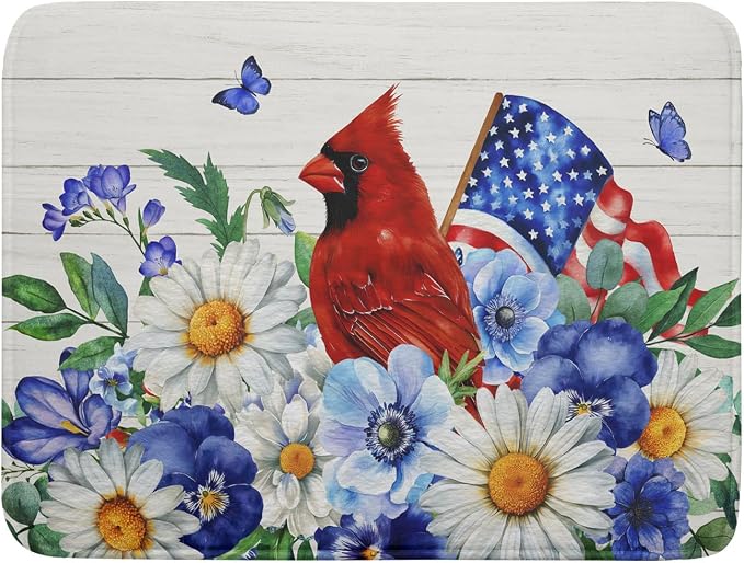 4th of July Dish Drying Mat for Kitchen Counter Cardinal Patriotic Flowers Microfiber Absorbent Dish Draining Reusable Washable Foldable Extra Large 18"x24"