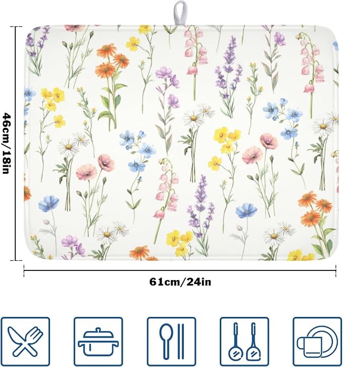 Spring Summer Colorful Floral Dish Drying Mat 18x24 Inch | Wildflower，Polyester，Absorbent Microfiber，for Kitchen Coffee Dining Bar Decor