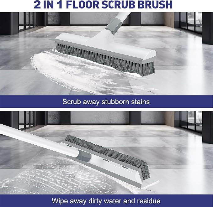 Yolaist 60 inch Long Handle Floor Scrub Brush, 2 in 1 Heavy Duty Hard Bristle Deck Scrubber & Squeegee for Tile, Wall, Concrete, Shower, Bathroom, Kitchen, Garage, Patio