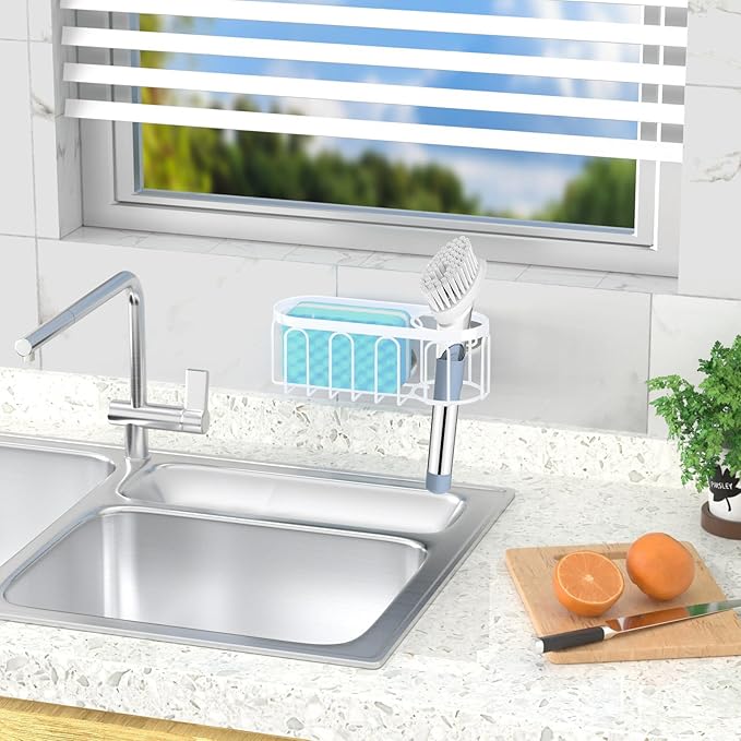 2-in-1 Sponge Holder for Kitchen Sink, Sink Caddy Kitchen Sink Organizer with 3 Suction Cups, No Drill Rustproof Sink Sponge Holder for Dish Brush, Soap & Sponge (White)