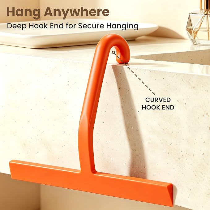 10 Inch Silicone Shower Squeegee for Glass Doors, Streak-Free, Orange | No-Squeak Silicone Blade, Ergonomic Round Grip and Built-In Hook for Quick Daily Cleaning of Shower Glass, Tile and Windows