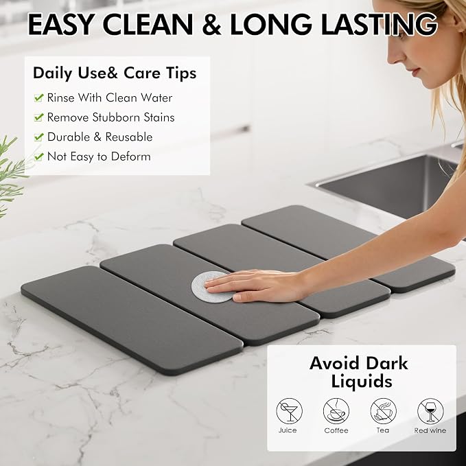 Stone Dish Drying Mat for Kitchen Counter, 24x16 Inch Super Absorbent Diatomaceous Earth Dish Drying Mat with Bamboo Dish Rack, Collapsible Fast Dry Drying Mat for Utensils Dishes Cups