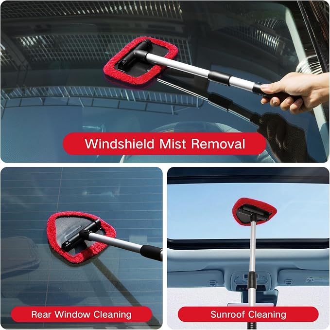 Qydipclin 11pcs Windshield Cleaner Tool, Car Window Cleaning Wash Kit with 6 Reusable Microfiber Pads 2 Spray Bottles and Extendable Handles Auto Glass Wiper Kit, Red