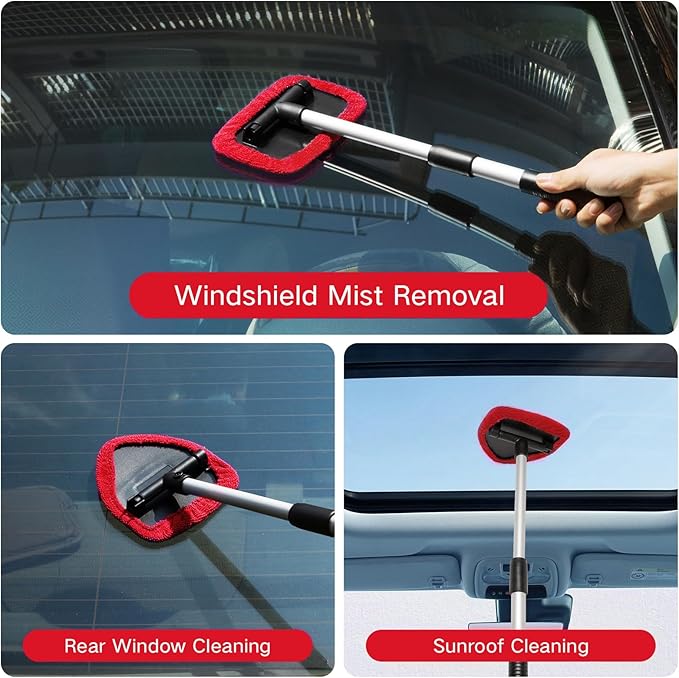 Qydipclin 7pcs Windshield Cleaner Tool Car Window Cleaning Wash Kit with 4 Reusable Microfiber Pads 1 Spray Bottle and Extendable Handle Auto Glass Wiper Kit, Red