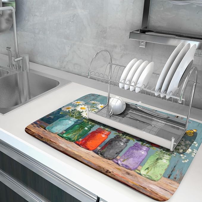 Dish Drying Mat for Kitchen Counter 18x24, Spring Summer Floral Decorative Absorbent Reversible Microfiber Kitchen Countertop Protector Dishes Drainer Pad