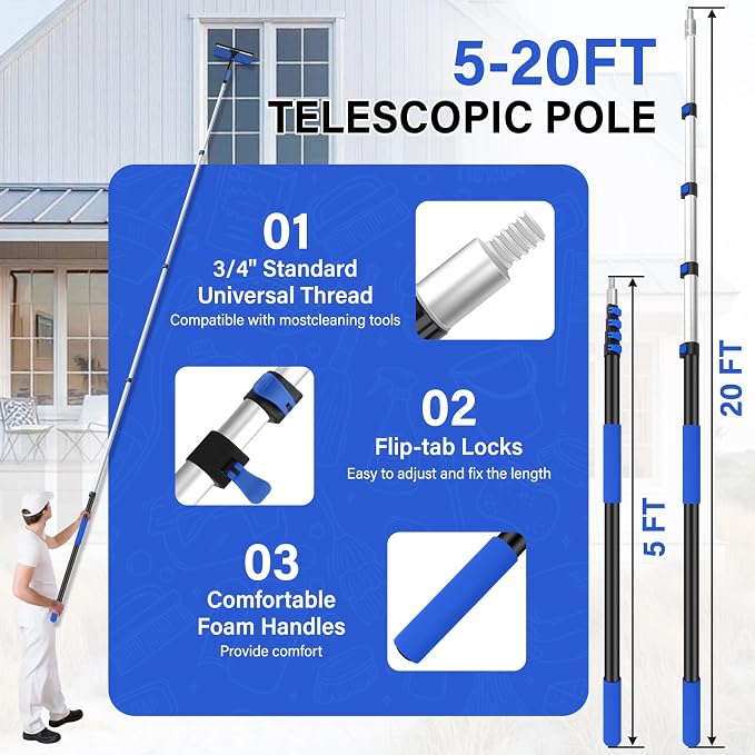 26FT High Window Washing Kit with Extension Pole | 2 in 1 Window Cleaning Squeegee Kit,Cobweb Duster with 5-20FT Telescoping Pole,High Reach Duster Kit for Outdoor, Indoor