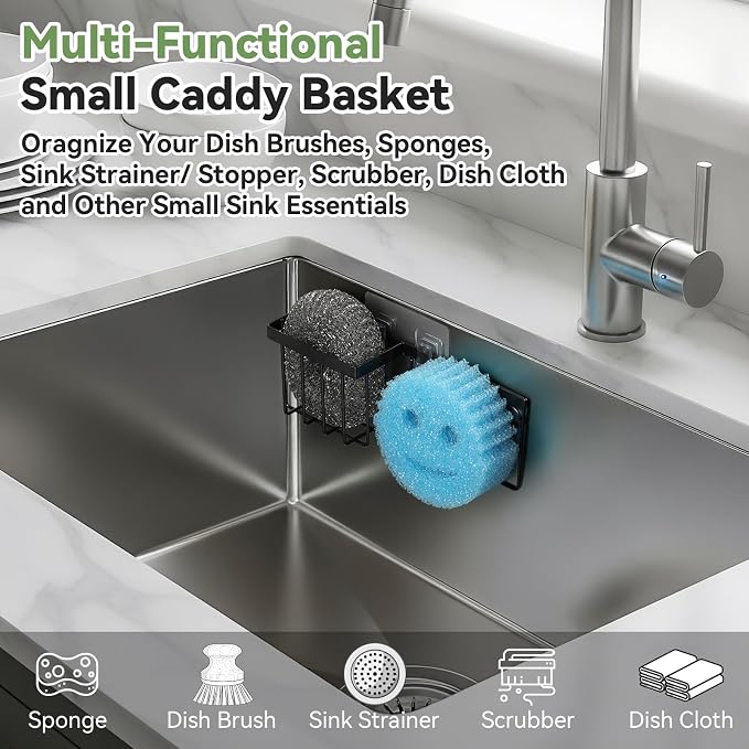LANDNEOO [Space Saving] Sponge Holder for Kitchen Sink, Great for Scrub Daddy/Scrub Mommy Sponges, Rust-proof Sink Sponge Caddy Organizer for Dish Brush, Scrubber - with Suction Cups & Hooks, Black