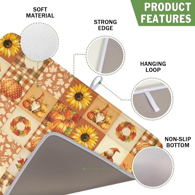 Fall Thanksgiving Dish Drying Mat for Kitchen Counter Autumn Harvest Orange Dish Drainer Mat Rustic Absorbent Washable Drying Pad 16"x18"