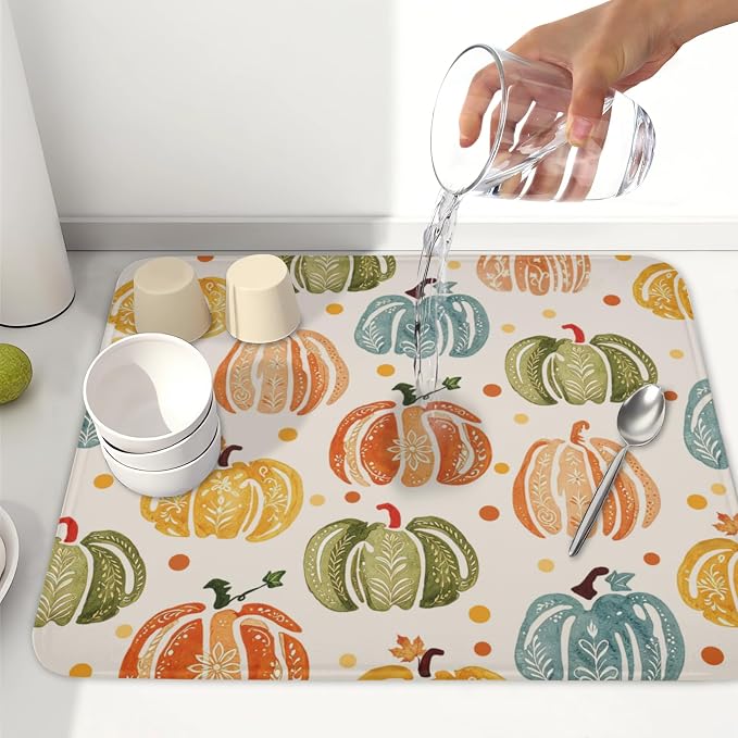 Fall Dish Drying Mat for Kitchen Counter 16 x 18 Inch Colorful Pumpkin Dish Drainer Mat Absorbent Microfiber Autumn Thanksgiving Harvest Dish Rack Pad for Coffee Dining Bar Decor