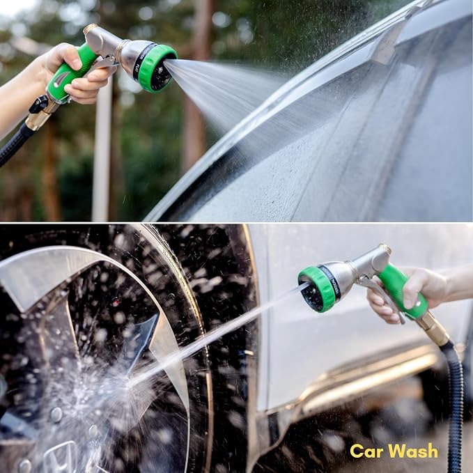 HOSUN 100% Metal Garden Hose Nozzle Sprayer with Ergonomic Handle, Green | Heavy Duty, 8 Spray Patterns, Zinc Alloy Body, High Pressure, Non-Slip Grip, Squeeze latch, Watering Plant, Washing Car