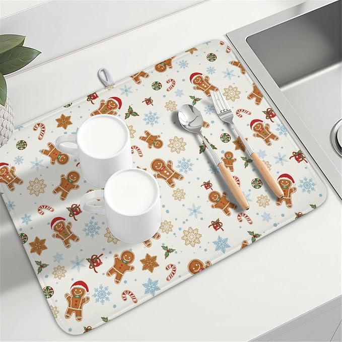 Christmas Gingerbread Man Dish Drying Mat 18x24 Inch Xmas Snowflake | Winter，Polyester，Absorbent Microfiber，for Kitchen Coffee Dining Bar Decor