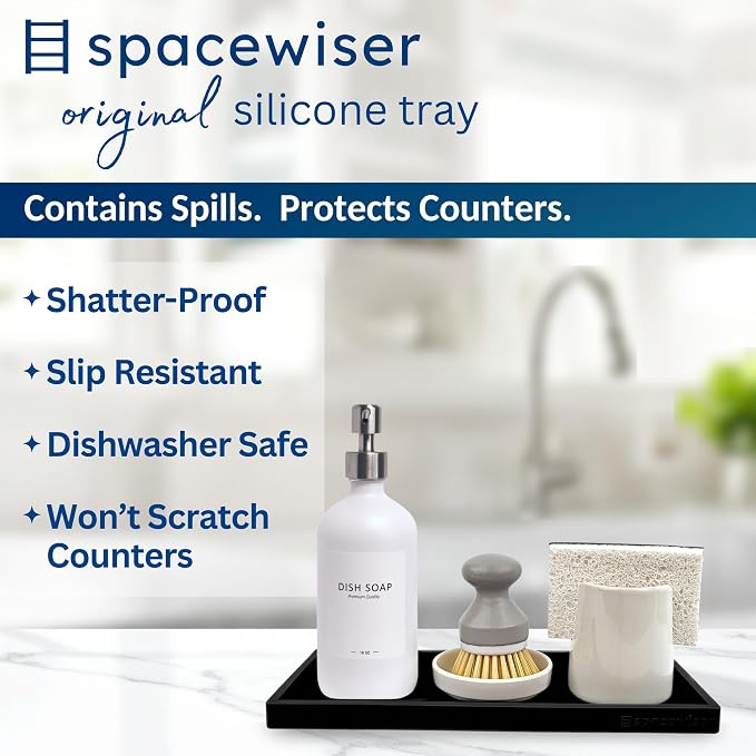 Spacewiser Countertop and Vanity Tray - 11.7" Silicone Bathroom Counter Tray, Dish Soap Trays for Kitchen Counter, Organizer Accessories Caddy, Toothbrush Toilet Laundry Shower Oil Makeup Mat, Black