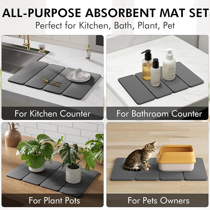 Stone Dish Drying Mat for Kitchen Counter, 24x16 Inch Super Absorbent Diatomaceous Earth Dish Drying Mat with Bamboo Dish Rack, Collapsible Fast Dry Drying Mat for Utensils Dishes Cups