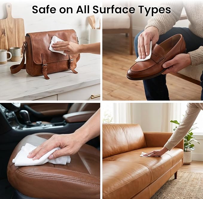 EVEO Leather Cleaner Wipes 4-in-1 Leather Cleaner and Conditioner for Furniture - Leather Couch Cleaner, Car, Shoes & Purses – UV Protection, XL Moistened Wipes Restore & Protect – 3 Pack (90 Total)