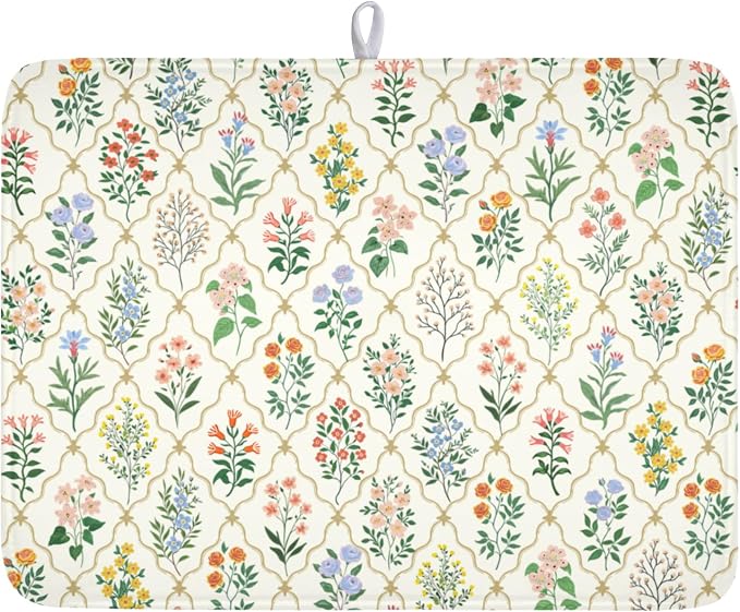 Floral Dish Drying Mat for Kitchen Counter Spring Summer Wild Flowers Diamond Pattern Microfiber Dish Drainer Mat Rustic Absorbent Washable Drying Pad Extra Large 18"x24"