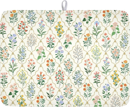Floral Dish Drying Mat for Kitchen Counter Spring Summer Wild Flowers Diamond Pattern Microfiber Dish Drainer Mat Rustic Absorbent Washable Drying Pad Extra Large 18"x24"