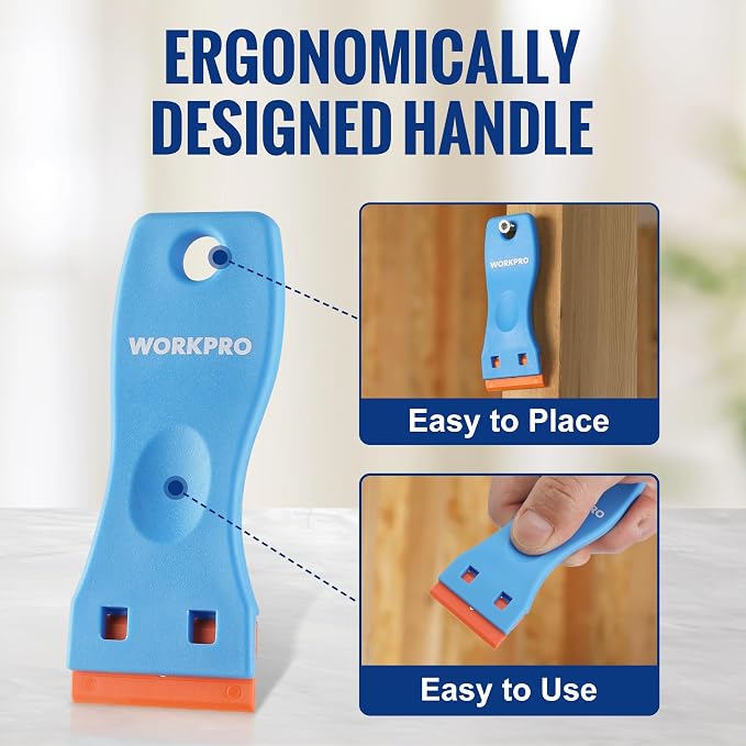 WORKPRO Plastic Razor Blade Scraper Kit, 3 Scrapers with 120 Blades | Safer Plastic Blade Design, Helps Reduce Scratches, Removes Stickers, Labels, Glue & Residue from Glass, Windows & More