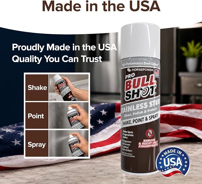 Horsepower Bull Shot Stainless Steel Cleaner Spray, As Seen On TV, Cleans, Polishes & Protects, Removes Greasy Fingerprints & Streaks