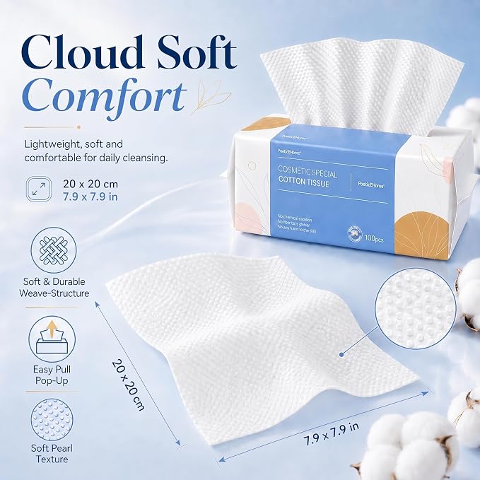 PoeticEHome Soft Dry Wipe 3 Pack, Cotton Tissue Face Towel, Disposable Facial Cleansing Cloths, Dry Wet Use for Sensitive Skin, Makeup Removing, Surface Cleaning (300 Count)