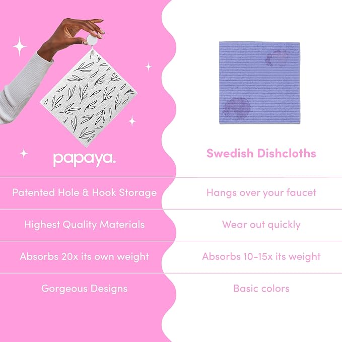 Papaya Swedish Dishcloths for Kitchen, 2 Reusable Paper Towels, 1 Hook