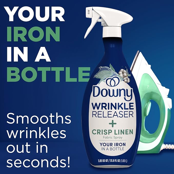 Downy Wrinkle Releaser Spray, All In One Formula, Removes Wrinkles, Static and Odor Eliminator, Crisp Linen Scent, 33.8 Fl Oz, Pack of 2 (Packaging May Vary)