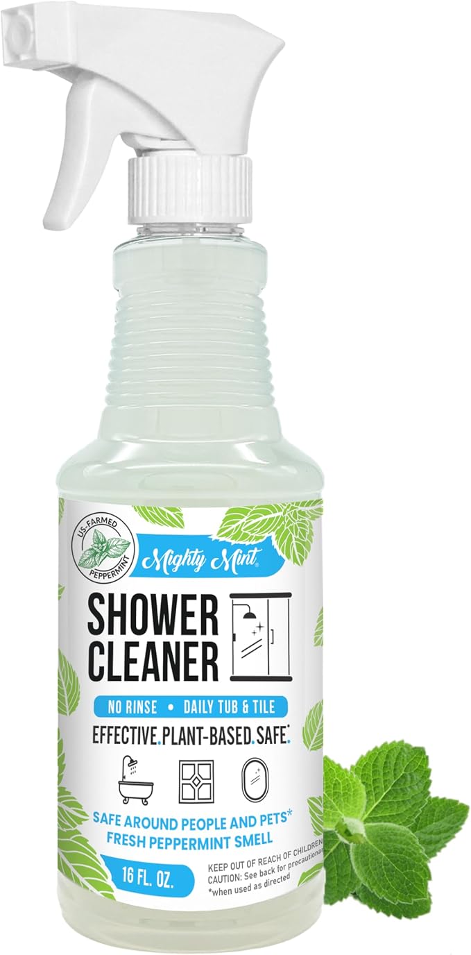 Mighty Mint Daily Shower Cleaner Spray – No Rinse, No Scrub Solution for Glass, Tile & Grout – Plant Based Formula with Peppermint Scent - 16 oz.