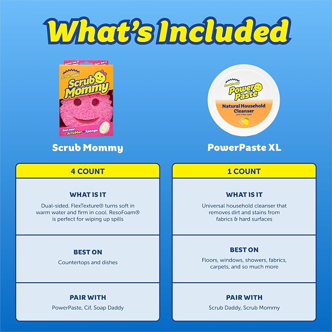 Scrub Daddy Sponges & PowerPaste XL Value Pack - 4 Scrub Mommy Multipurpose Dish Sponges & PowerPaste XL All-Purpose Cleaning Paste - Scratch-Free, Multi-Surface Household Cleaning Supplies Kit (5ct)