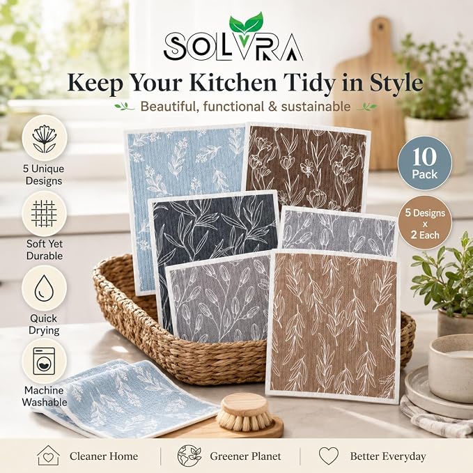 10 PCS Leaf Print Swedish Dishcloths for Kitchen 100% Biodegradable, Reusable Cellulose Sponge Cloths Ultra Absorbent, Eco Friendly Cleaning Towels Dishcloths for Washing Dishes & General Cleaning