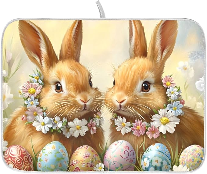 Cute Rabbit Bunny Easter Eggs Dish Drying Mat for Kitchen Counter Absorbent Microfiber Small Drying Pad Dish Mats for Kitchen Countertops 16 x 18 Inch