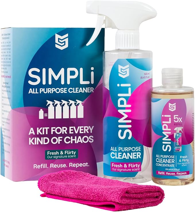 SIMPLi All Purpose Cleaner Starter Kit – Multipurpose Cleaner Concentrate Refill 8.45 fl oz Makes 85 fl oz + Reusable Spray Bottle 17 fl oz – Surface Cleaner for Kitchen, Bathroom, Glass, Floor