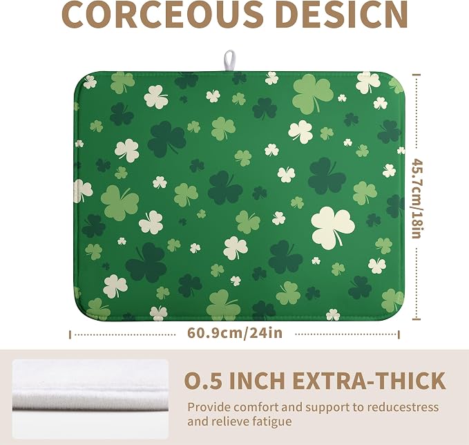 Green Shamrock St. Patrick's Day Dish Drying Mat for Kitchen Counter Lucky Clover large Dish Drying Pad Absorbent Reversible Microfiber Draining Pad Washable Drying Mats 18x24 Inch
