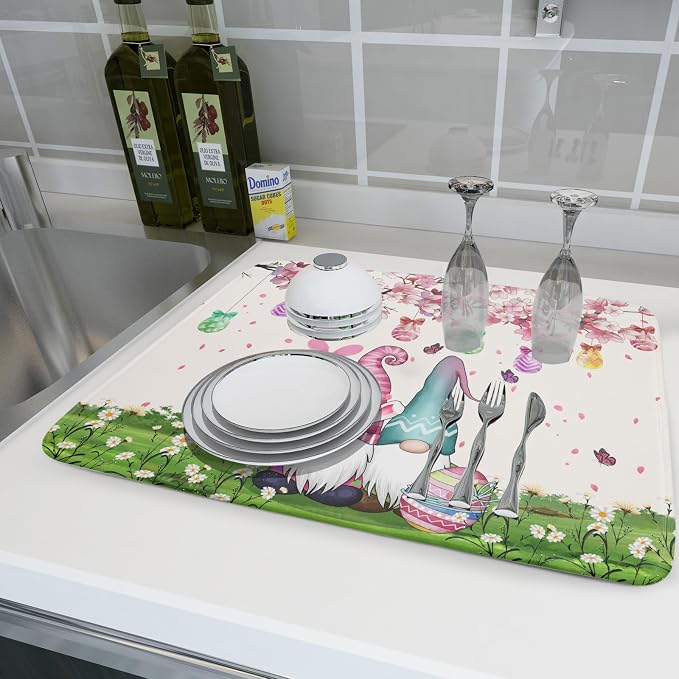 Giwawa Easter Gnome Dish Drying Mat Floral Eggs Bunny Kitchen Drainer Mat 18x24 inch Absorbent Holiday Fast Dry Pad Protector for Counter Tabletop