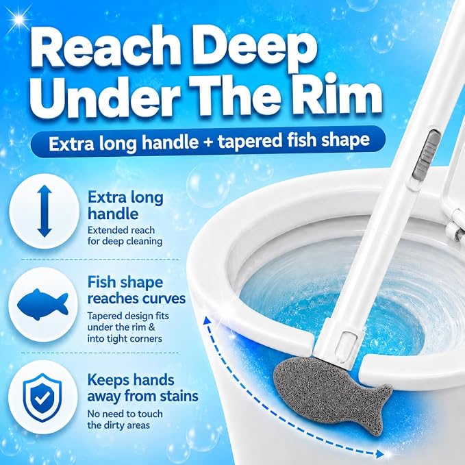 Pumice Stone for Toilet Bowl Cleaning, 8-in-1 Toilet Cleaning Kit with 6 Replaceable Fish Heads, 17" Extra Long Handle, Wall Mount Holder, Removes Hard Water Stains, Mineral Deposits & Rust Rings