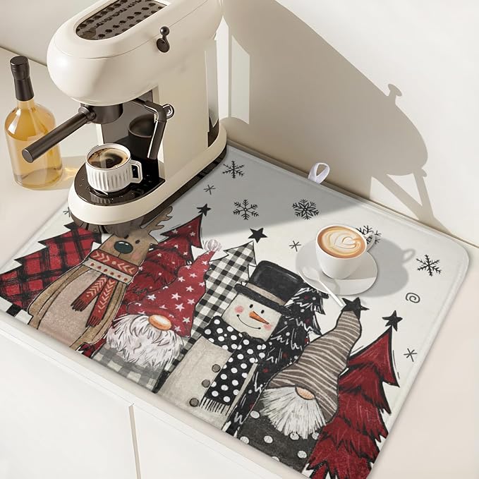 Giwawa Winter Snowman Gnome Dish Drying Mat Xmas Tree Dishes Pad 18"x24" Microfiber Fast Dry Dish Drainer Rack Mats Kitchen Countertop Accessories