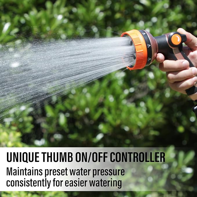Heavy Duty Metal Hose Sprayer, 8 Patterns & Thumb Control, Orange | Rust-proof metal,8 spray patterns,Thumb-control flow,On-off valveergonomic grip,for Lawns,Plants,Cars,Pets
