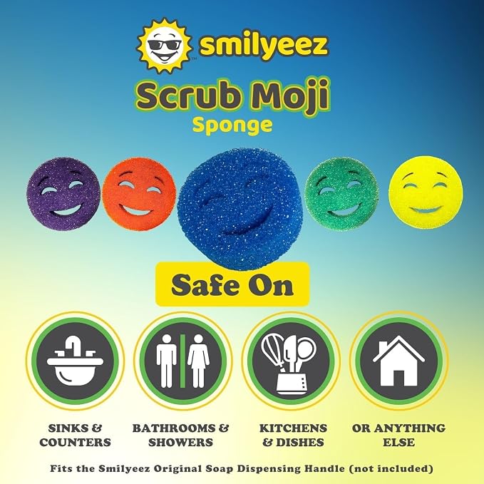 The Original Scrub Moji Scrubbing Sponge by Smilyeez (Set of 3) - Purple - Temperature-Responsive Polymer Foam, Stain and Odor Resistant, Ideal for Kitchen and Bathroom Cleaning