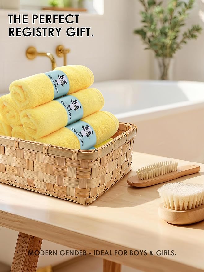 HIPHOP PANDA Baby Washcloths, Rayon Made from Bamboo - 2 Layer Ultra Soft Absorbent Newborn Bath Face Towel - Reusable Baby Wipes for Delicate Skin - Yellow, 6 Pack