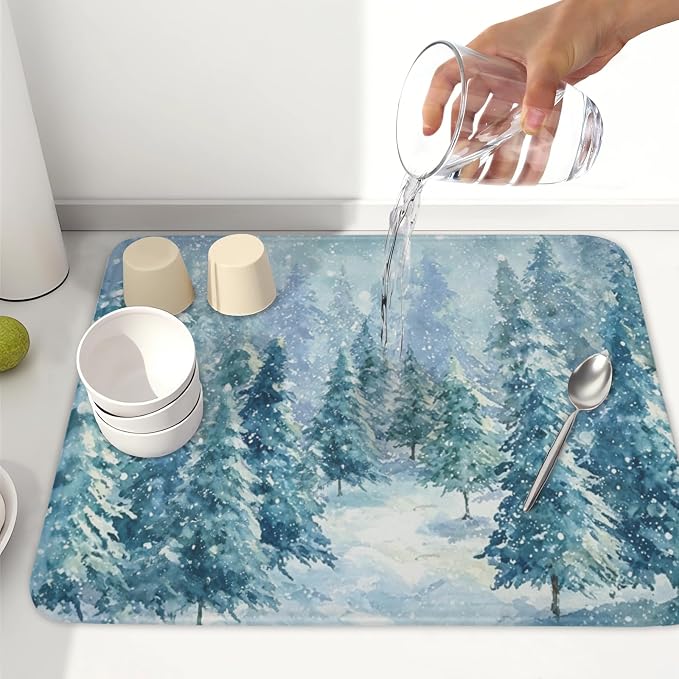 Winter Forest Dish Drying Mat for Kitchen Counter 16x18 Inch | Blue Christmas Pine Trees Snow Scene Dish Drainer Mat Rustic Seasonal Holiday Absorbent Washable Drying Pad