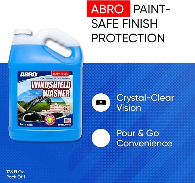 ABRO Windshield Washer Fluid Ready to Use Formula - 1 Gallon, Pre-Mixed, Streak-Free Cleanliness, 2-In-1 Removes Bugs & Tar