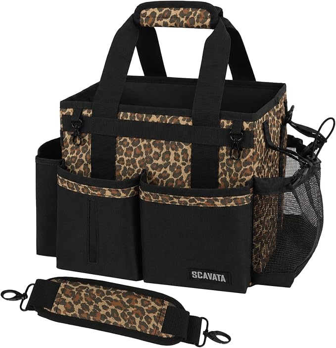 SCAVATA Compact Wearable Cleaning Caddy with Handle & Shoulder Straps | Small Cleaning Supplies Organizer, Under Sink & Car Cleaning Tools Storage Bag for Housekeepers Cleaners, Leopard