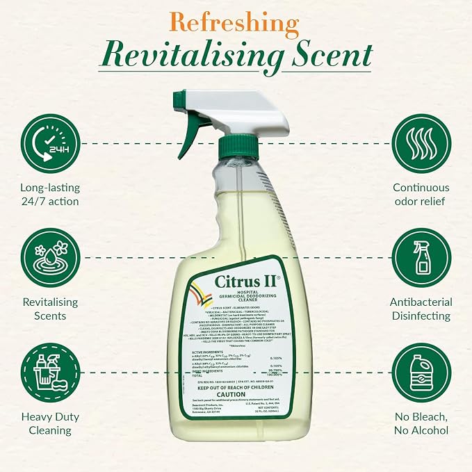 Citrus II Hospital Germicidal Deodorizing Cleaner - Fresh Citrus Scent - Disinfecting Spray- for Home, Hospital and Office Surfaces and Supplies - 22 Fl Oz - Pack of 2