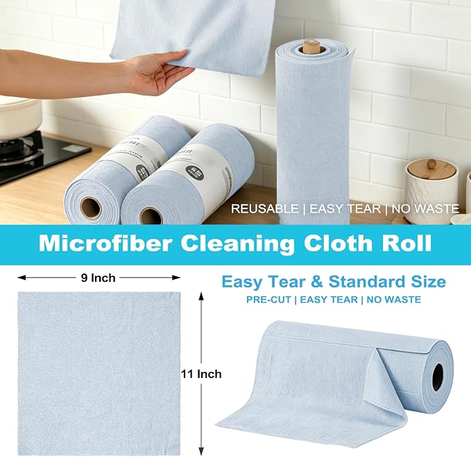 Puomue 55 Pack Microfiber Cleaning Cloth Roll, Tear Away Reusable Towels, 11" X 9", Ultra Absorbent & Lint Free Microfiber Cloth for Cleaning Cars, Kitchen, Window, and Shop (Light Blue, 9"X11"-55PK)