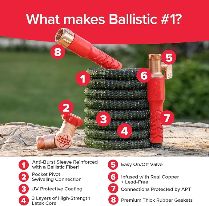 Pocket Hose Ballistic Double UV Edition 100 FT Expandable Garden Hose w/Pocket Pivot Swivel Connector, Anti-Burst Sleeve Reinforced w/Bulletproof Fiber, Lightweight, No-Kink, Compact, AS SEEN ON TV