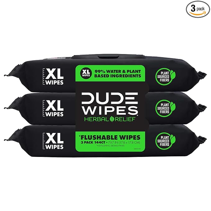 DUDE Wipes Herbal Relief Adult Flushable Wet Wipes, Witch Hazel, 144 Count | 3 packs of 48 extra large flushable butt wipes. Soothing relief. 99% water, geranium oil, vitamin E and aloe. Septic safe.